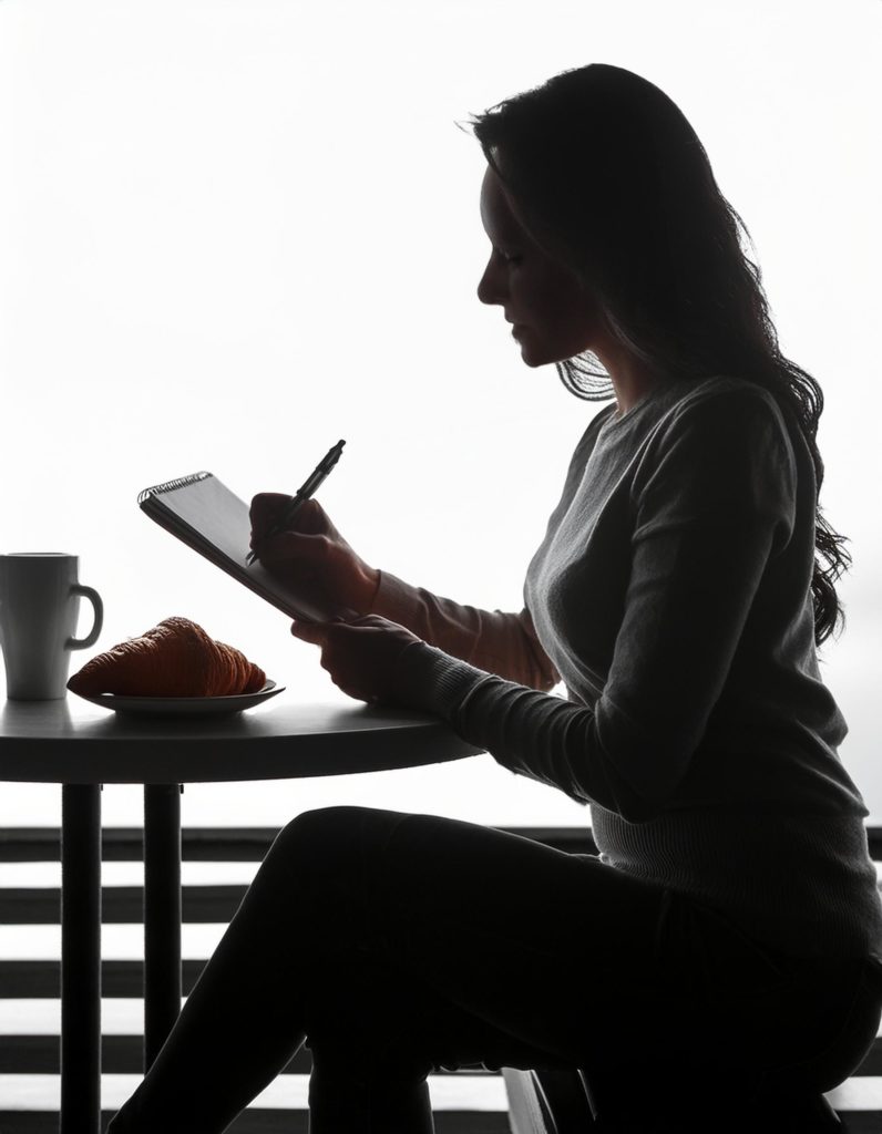 Sophie est assise dans un café et rédige quelque chose sur un carnet